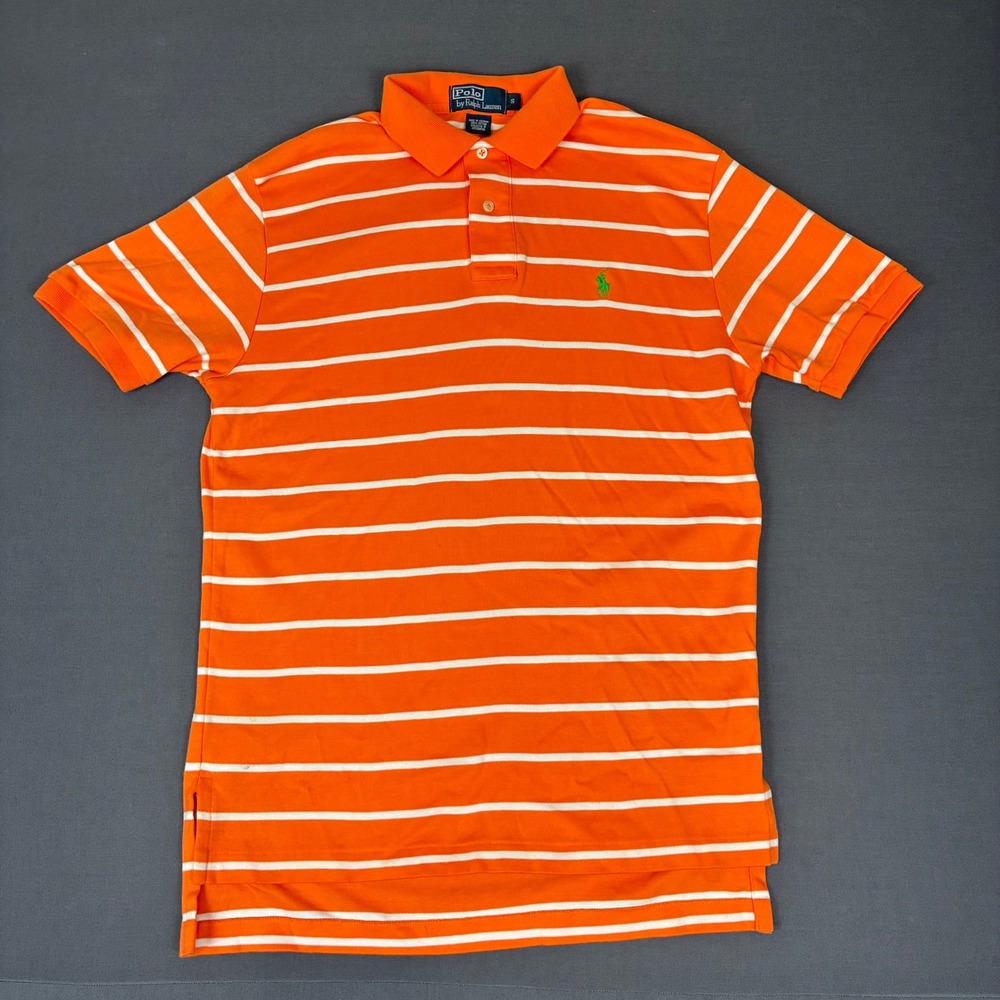 Polo Ralph Lauren Orange Striped Short Sleeve Polo Shirt Men's Small Green Pony